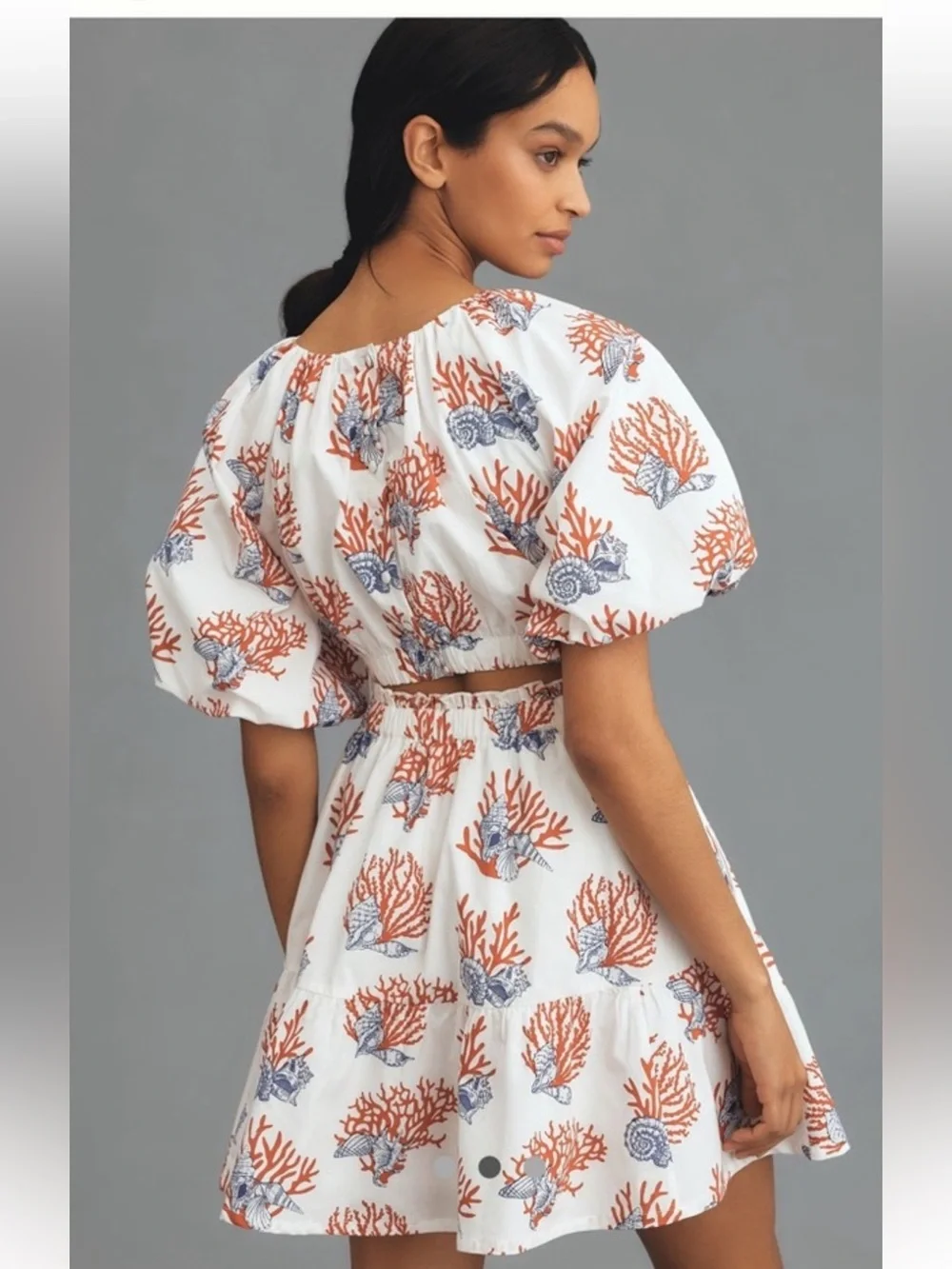 NWT retail $178 size S #Anthropologie White Coral-Print Puff Sleeve Mini Dress - Picture 2 of 7